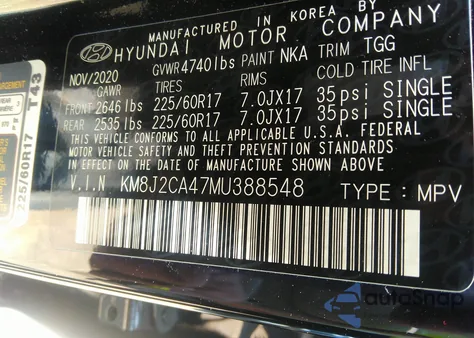 2021 Hyundai Tucson Se z USA, uszkodzony, nr VIN KM8J2CA47MU388548